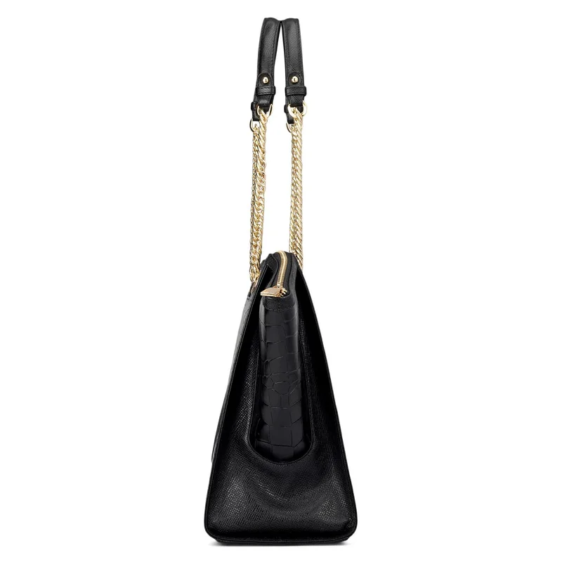 Da Milano Black Medium Croco Leather Tote - Black for Women | Best Price UAE